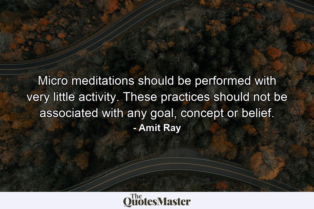 Micro meditations should be performed with very little activity. These practices should not be associated with any goal, concept or belief. - Quote by Amit Ray