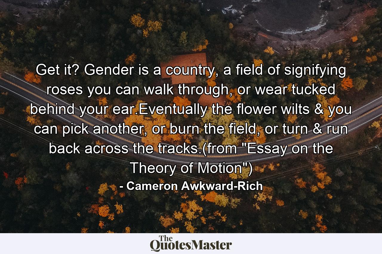 Get it? Gender is a country, a field of signifying roses you can walk through, or wear tucked behind your ear.Eventually the flower wilts & you can pick another, or burn the field, or turn & run back across the tracks.(from 