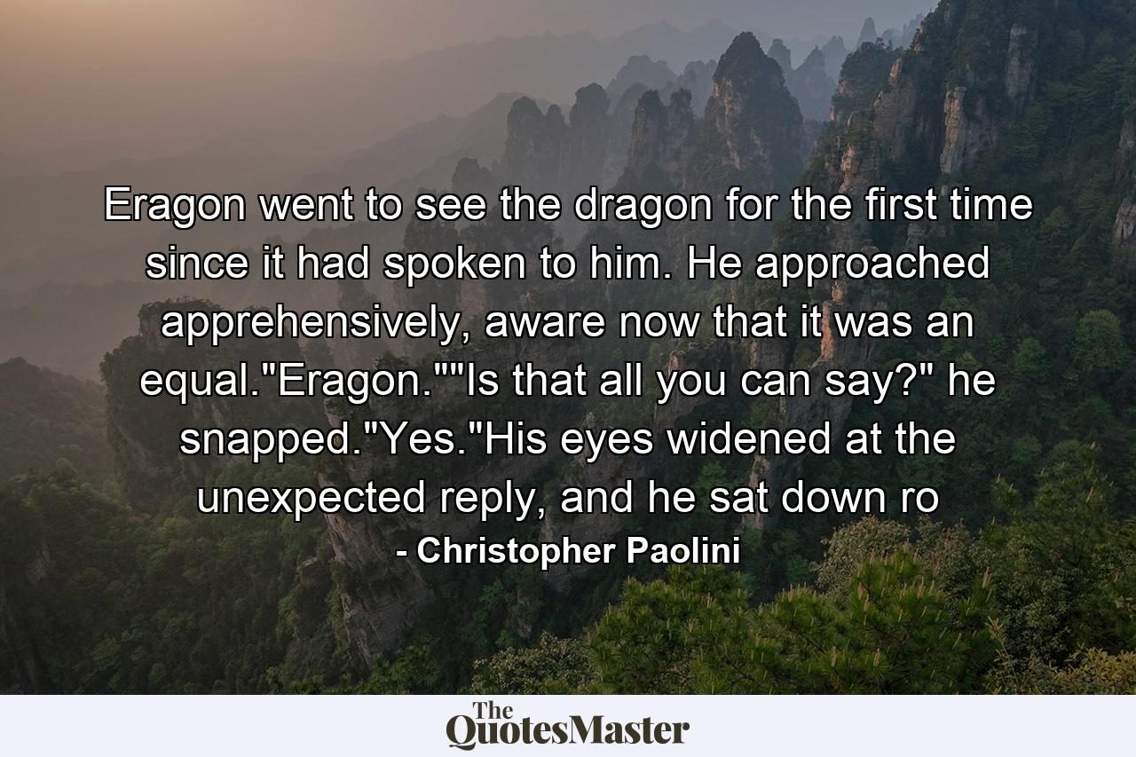 Eragon went to see the dragon for the first time since it had spoken to him. He approached apprehensively, aware now that it was an equal.