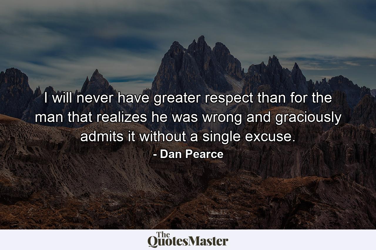 I will never have greater respect than for the man that realizes he was wrong and graciously admits it without a single excuse. - Quote by Dan Pearce