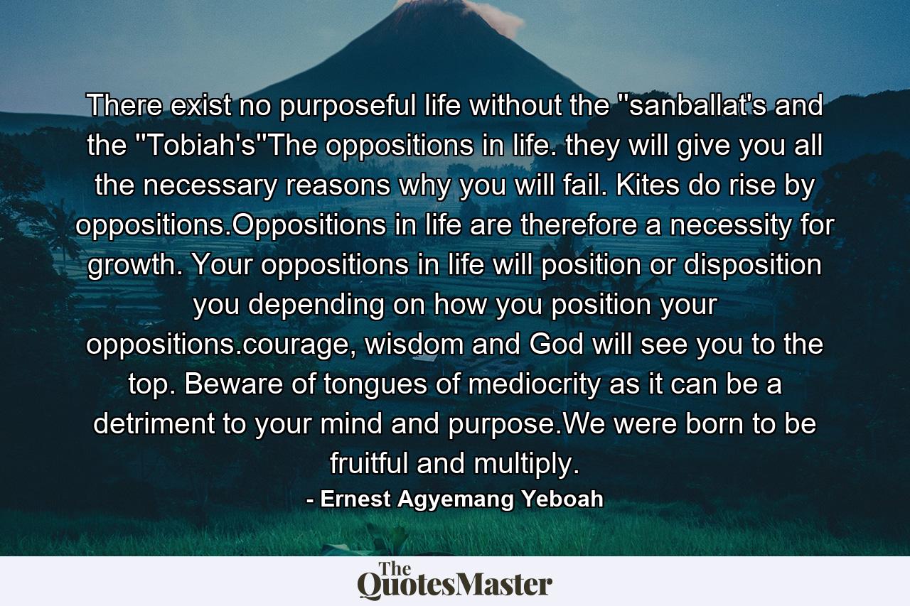 There exist no purposeful life without the ''sanballat's and the ''Tobiah's''The oppositions in life. they will give you all the necessary reasons why you will fail. Kites do rise by oppositions.Oppositions in life are therefore a necessity for growth. Your oppositions in life will position or disposition you depending on how you position your oppositions.courage, wisdom and God will see you to the top. Beware of tongues of mediocrity as it can be a detriment to your mind and purpose.We were born to be fruitful and multiply. - Quote by Ernest Agyemang Yeboah