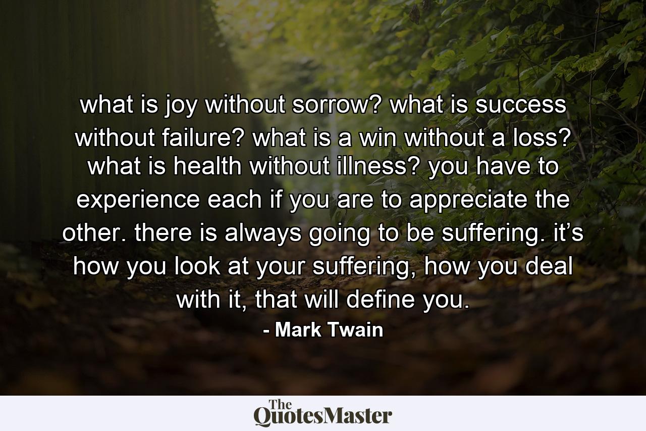 what is joy without sorrow? what is success without failure? what is a win without a loss? what is health without illness? you have to experience each if you are to appreciate the other. there is always going to be suffering. it’s how you look at your suffering, how you deal with it, that will define you. - Quote by Mark Twain