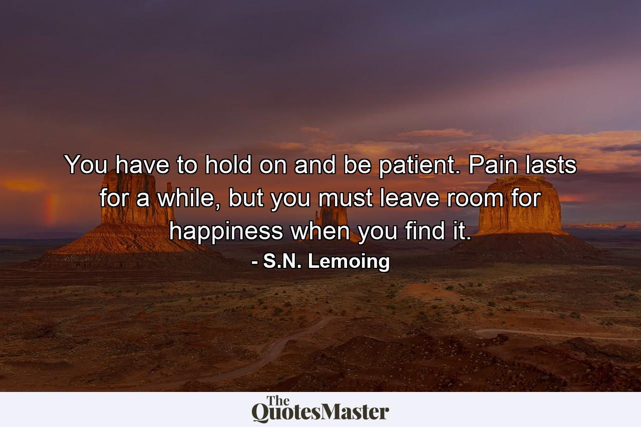 You have to hold on and be patient. Pain lasts for a while, but you must leave room for happiness when you find it. - Quote by S.N. Lemoing