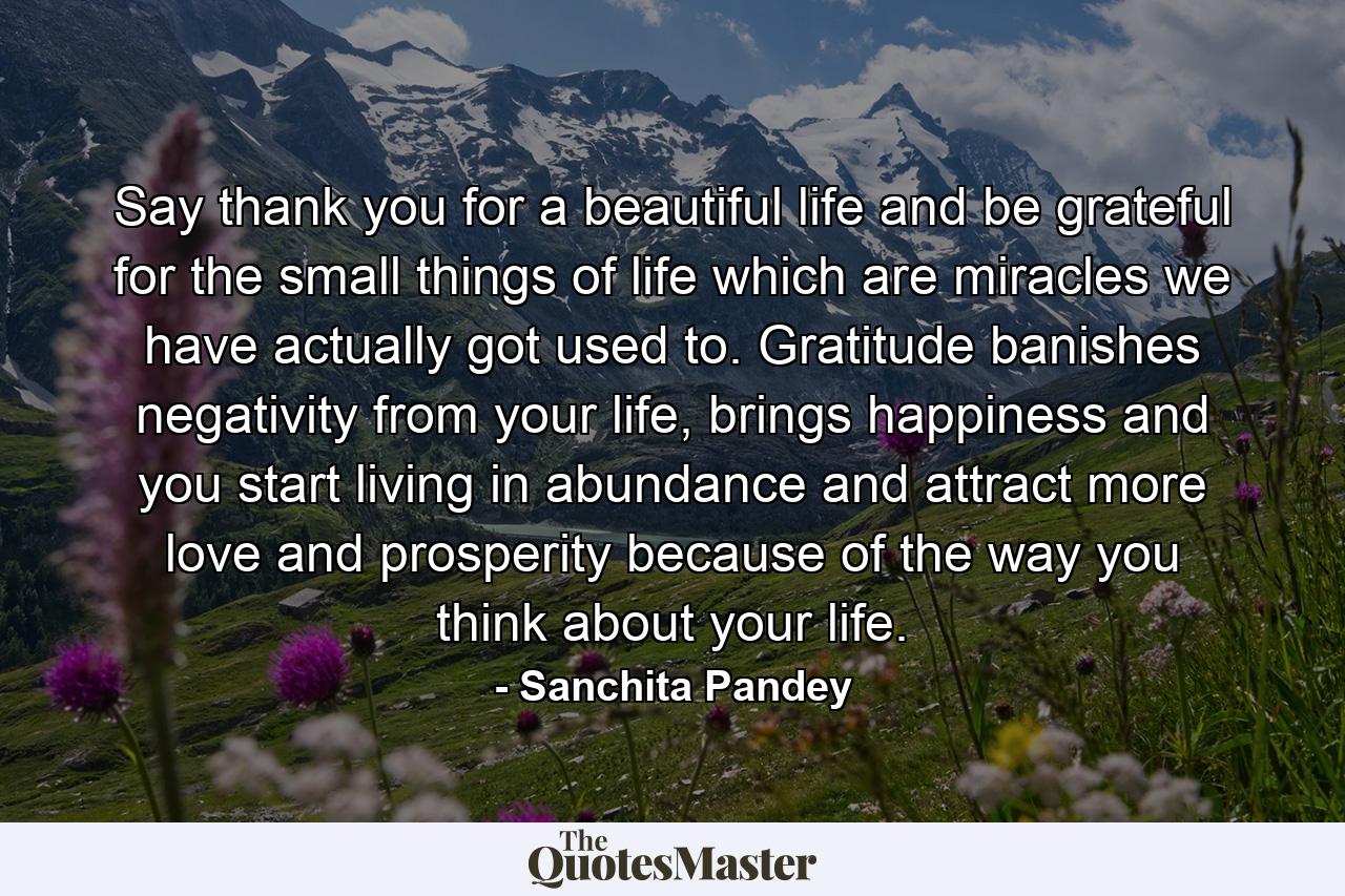 Say thank you for a beautiful life and be grateful for the small things of life which are miracles we have actually got used to. Gratitude banishes negativity from your life, brings happiness and you start living in abundance and attract more love and prosperity because of the way you think about your life. - Quote by Sanchita Pandey