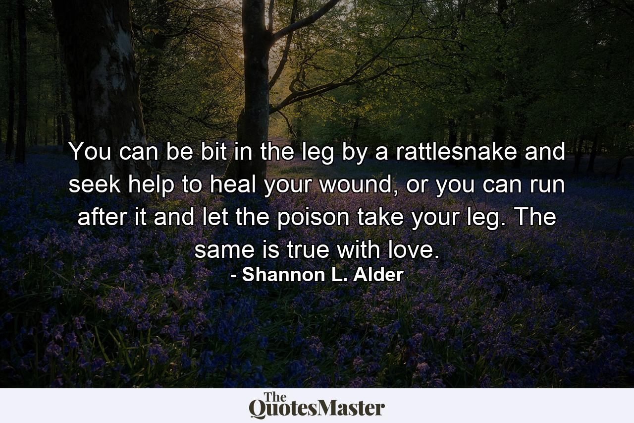 You can be bit in the leg by a rattlesnake and seek help to heal your wound, or you can run after it and let the poison take your leg. The same is true with love. - Quote by Shannon L. Alder