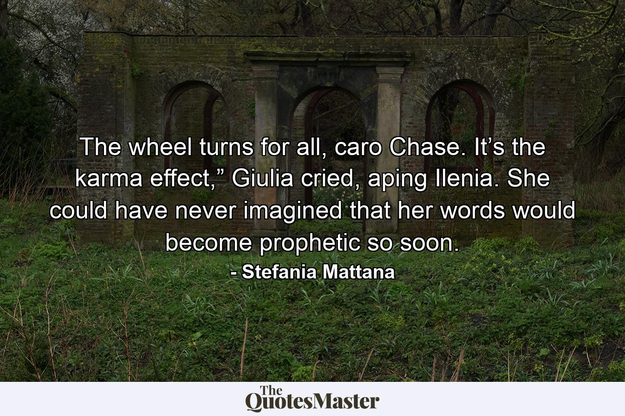 The wheel turns for all, caro Chase. It’s the karma effect,” Giulia cried, aping Ilenia. She could have never imagined that her words would become prophetic so soon. - Quote by Stefania Mattana