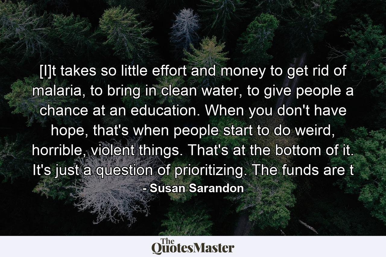 [I]t takes so little effort and money to get rid of malaria, to bring in clean water, to give people a chance at an education. When you don't have hope, that's when people start to do weird, horrible, violent things. That's at the bottom of it. It's just a question of prioritizing. The funds are t - Quote by Susan Sarandon