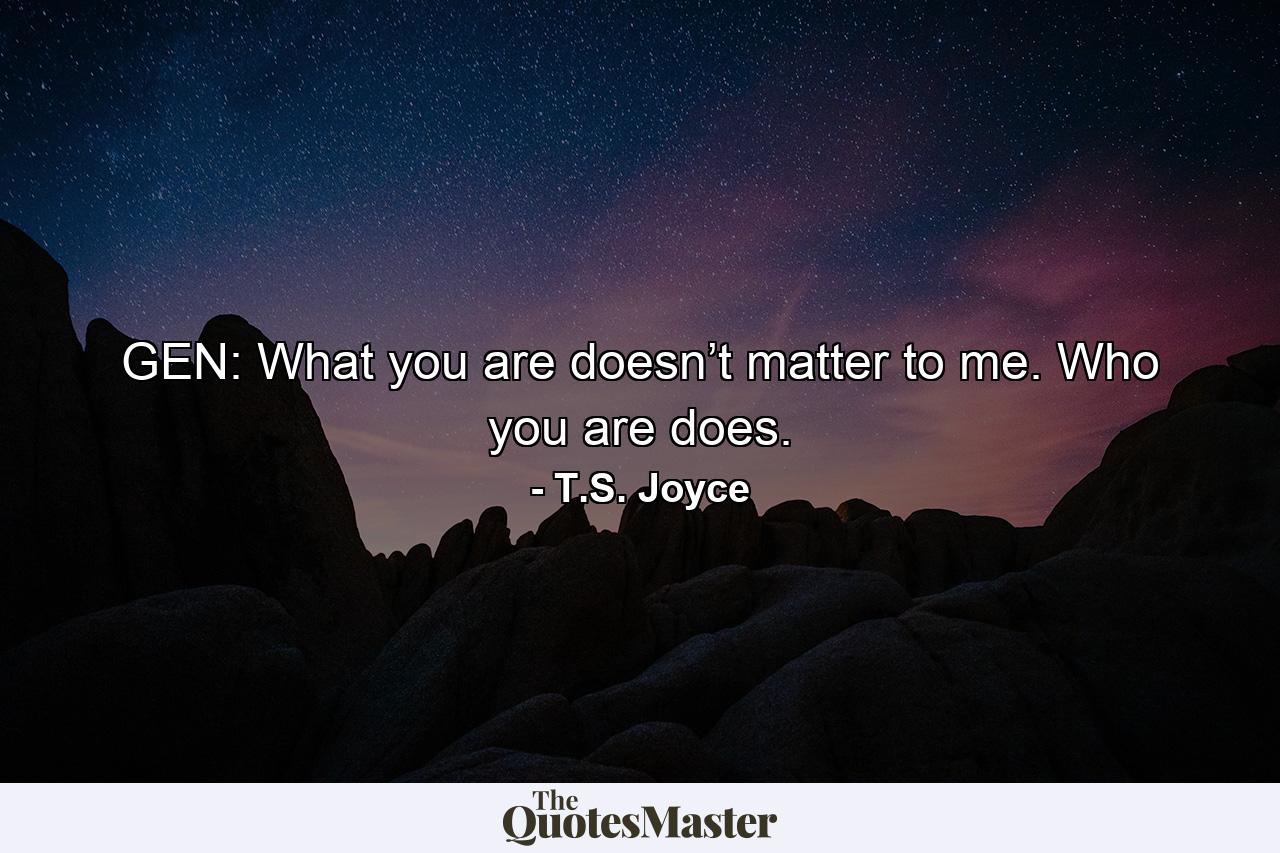 GEN: What you are doesn’t matter to me. Who you are does. - Quote by T.S. Joyce