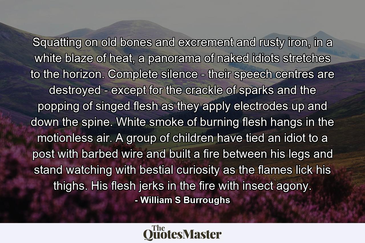 Squatting on old bones and excrement and rusty iron, in a white blaze of heat, a panorama of naked idiots stretches to the horizon. Complete silence - their speech centres are destroyed - except for the crackle of sparks and the popping of singed flesh as they apply electrodes up and down the spine. White smoke of burning flesh hangs in the motionless air. A group of children have tied an idiot to a post with barbed wire and built a fire between his legs and stand watching with bestial curiosity as the flames lick his thighs. His flesh jerks in the fire with insect agony. - Quote by William S Burroughs