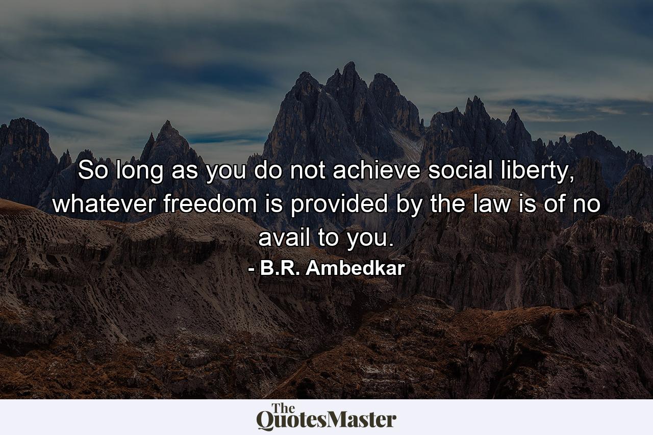 So long as you do not achieve social liberty, whatever freedom is provided by the law is of no avail to you. - Quote by B.R. Ambedkar