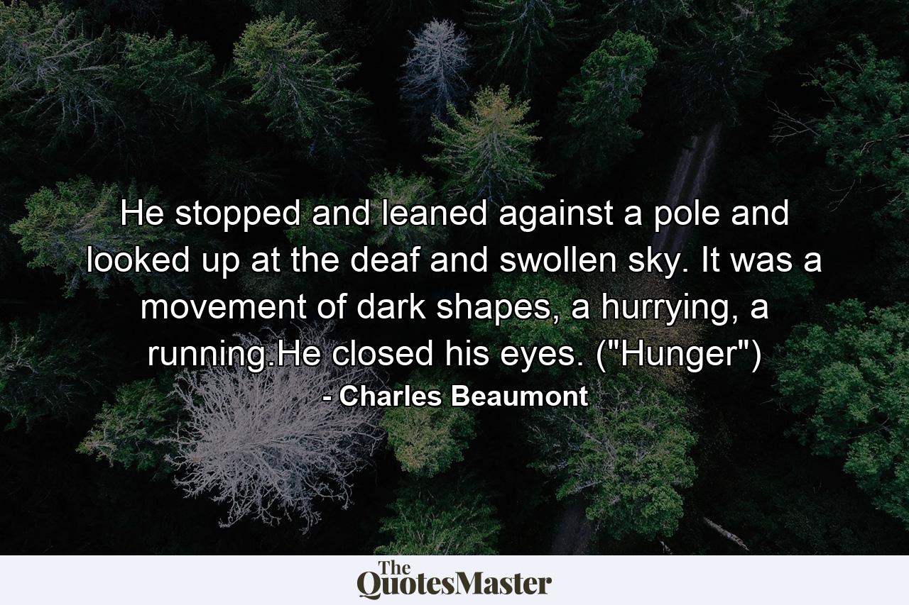 He stopped and leaned against a pole and looked up at the deaf and swollen sky. It was a movement of dark shapes, a hurrying, a running.He closed his eyes. (