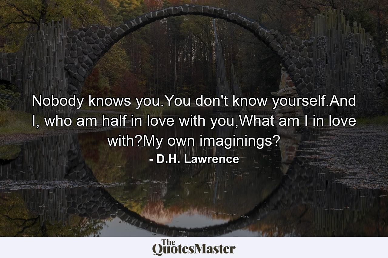 Nobody knows you.You don't know yourself.And I, who am half in love with you,What am I in love with?My own imaginings? - Quote by D.H. Lawrence