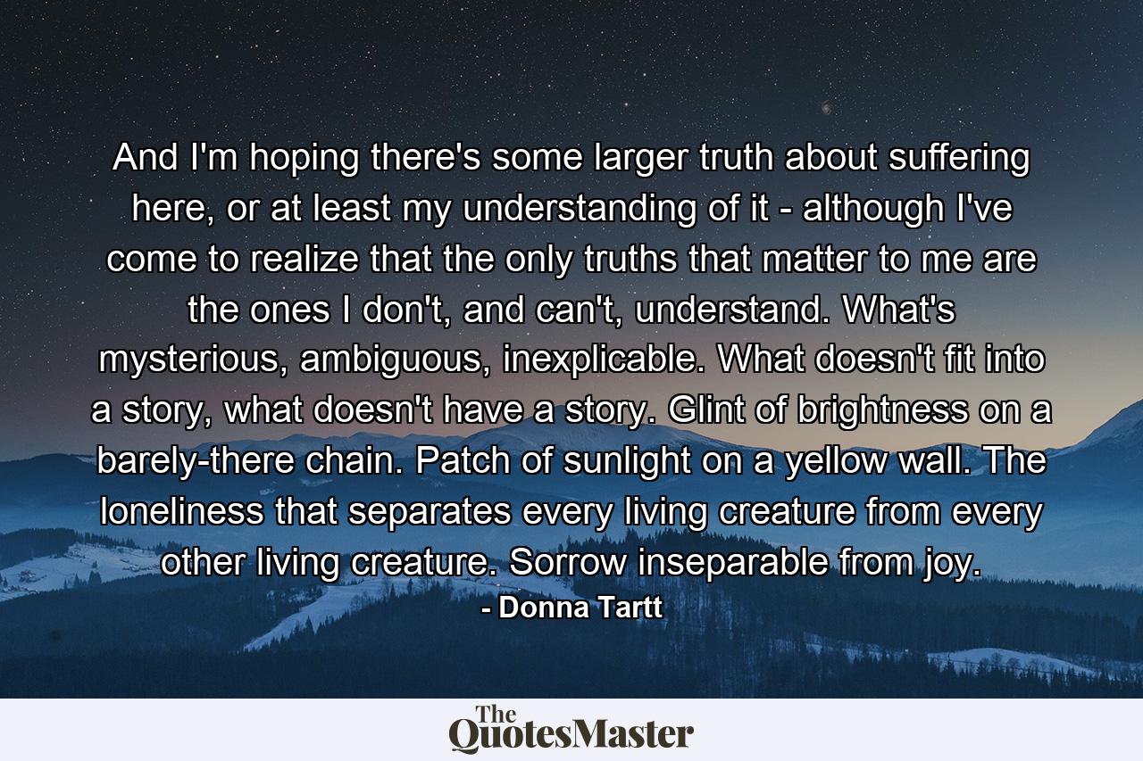 And I'm hoping there's some larger truth about suffering here, or at least my understanding of it - although I've come to realize that the only truths that matter to me are the ones I don't, and can't, understand. What's mysterious, ambiguous, inexplicable. What doesn't fit into a story, what doesn't have a story. Glint of brightness on a barely-there chain. Patch of sunlight on a yellow wall. The loneliness that separates every living creature from every other living creature. Sorrow inseparable from joy. - Quote by Donna Tartt