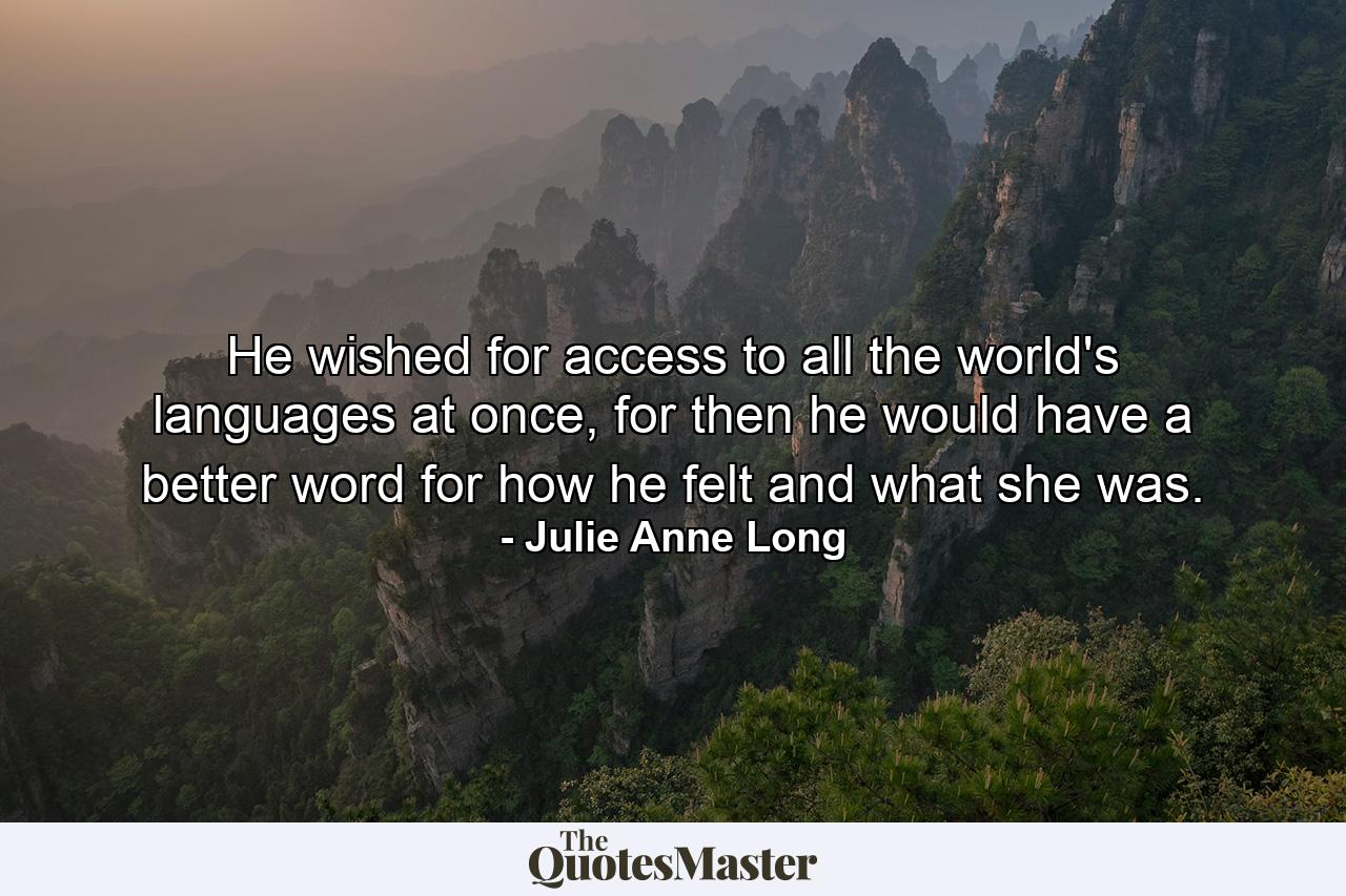 He wished for access to all the world's languages at once, for then he would have a better word for how he felt and what she was. - Quote by Julie Anne Long