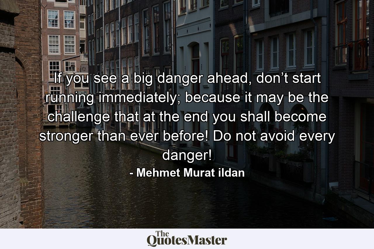 If you see a big danger ahead, don’t start running immediately; because it may be the challenge that at the end you shall become stronger than ever before! Do not avoid every danger! - Quote by Mehmet Murat ildan