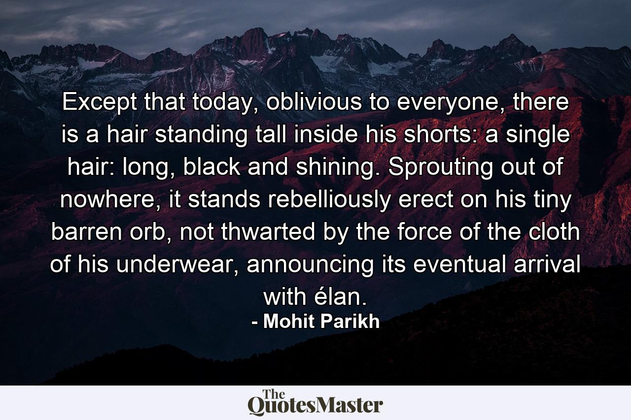 Except that today, oblivious to everyone, there is a hair standing tall inside his shorts: a single hair: long, black and shining. Sprouting out of nowhere, it stands rebelliously erect on his tiny barren orb, not thwarted by the force of the cloth of his underwear, announcing its eventual arrival with élan. - Quote by Mohit Parikh