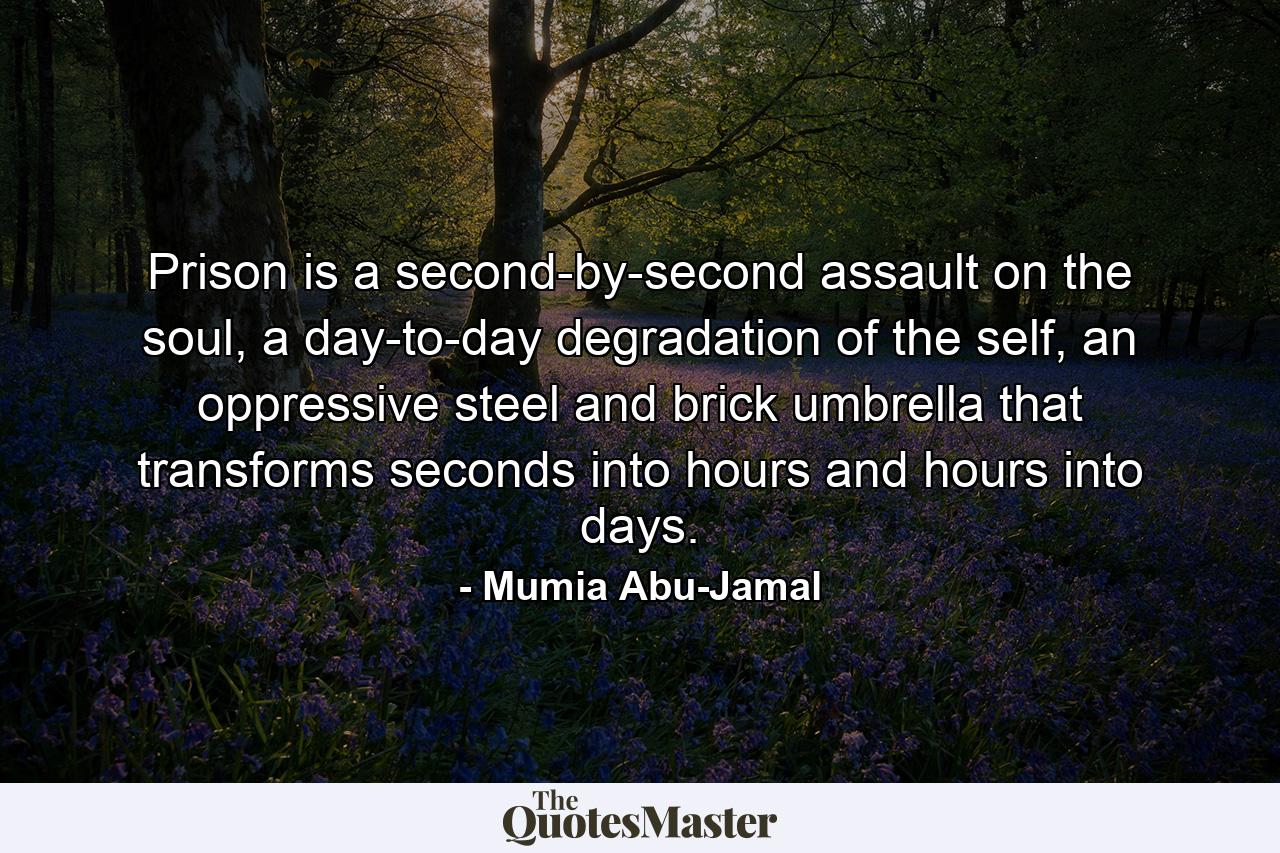 Prison is a second-by-second assault on the soul, a day-to-day degradation of the self, an oppressive steel and brick umbrella that transforms seconds into hours and hours into days. - Quote by Mumia Abu-Jamal