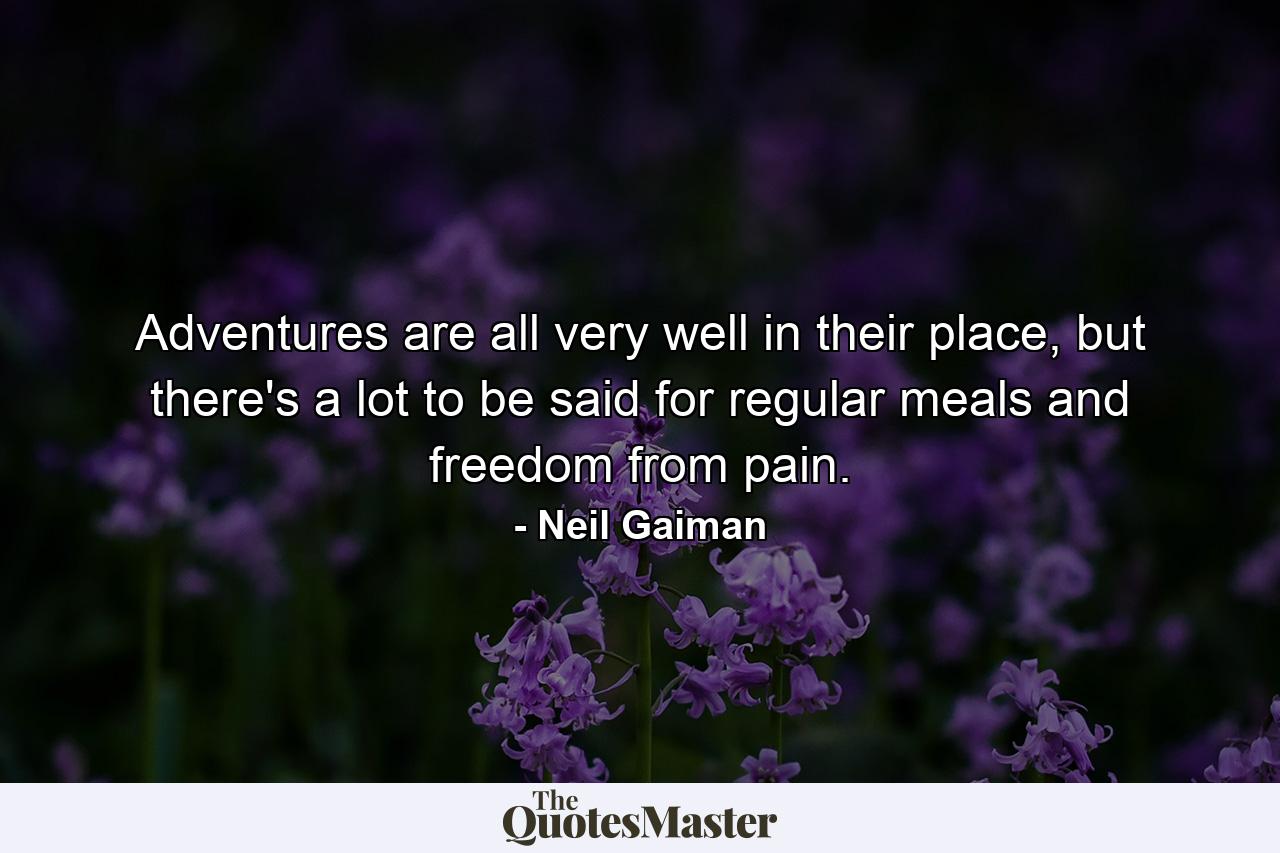 Adventures are all very well in their place, but there's a lot to be said for regular meals and freedom from pain. - Quote by Neil Gaiman