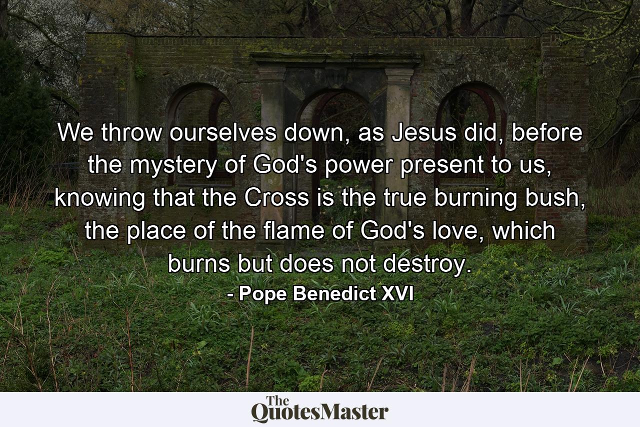 We throw ourselves down, as Jesus did, before the mystery of God's power present to us, knowing that the Cross is the true burning bush, the place of the flame of God's love, which burns but does not destroy. - Quote by Pope Benedict XVI