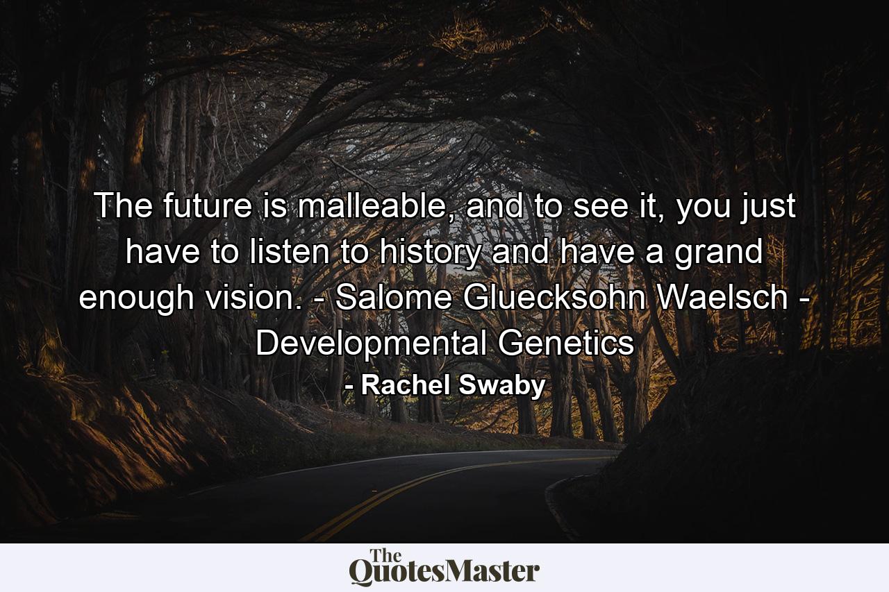 The future is malleable, and to see it, you just have to listen to history and have a grand enough vision. - Salome Gluecksohn Waelsch - Developmental Genetics - Quote by Rachel Swaby