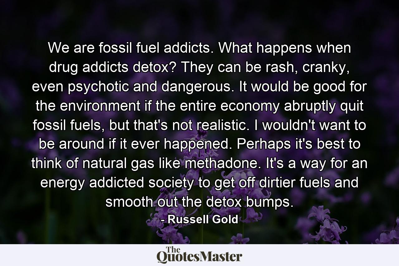 We are fossil fuel addicts. What happens when drug addicts detox? They can be rash, cranky, even psychotic and dangerous. It would be good for the environment if the entire economy abruptly quit fossil fuels, but that's not realistic. I wouldn't want to be around if it ever happened. Perhaps it's best to think of natural gas like methadone. It's a way for an energy addicted society to get off dirtier fuels and smooth out the detox bumps. - Quote by Russell Gold