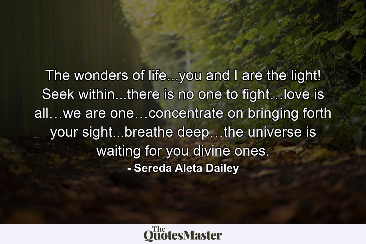 The wonders of life...you and I are the light! Seek within...there is no one to fight…love is all…we are one…concentrate on bringing forth your sight...breathe deep…the universe is waiting for you divine ones. - Quote by Sereda Aleta Dailey