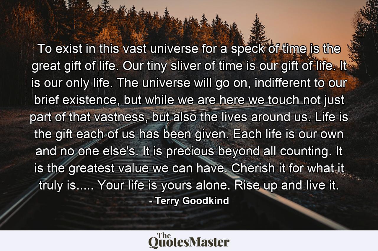 To exist in this vast universe for a speck of time is the great gift of life. Our tiny sliver of time is our gift of life. It is our only life. The universe will go on, indifferent to our brief existence, but while we are here we touch not just part of that vastness, but also the lives around us. Life is the gift each of us has been given. Each life is our own and no one else's. It is precious beyond all counting. It is the greatest value we can have. Cherish it for what it truly is..... Your life is yours alone. Rise up and live it. - Quote by Terry Goodkind