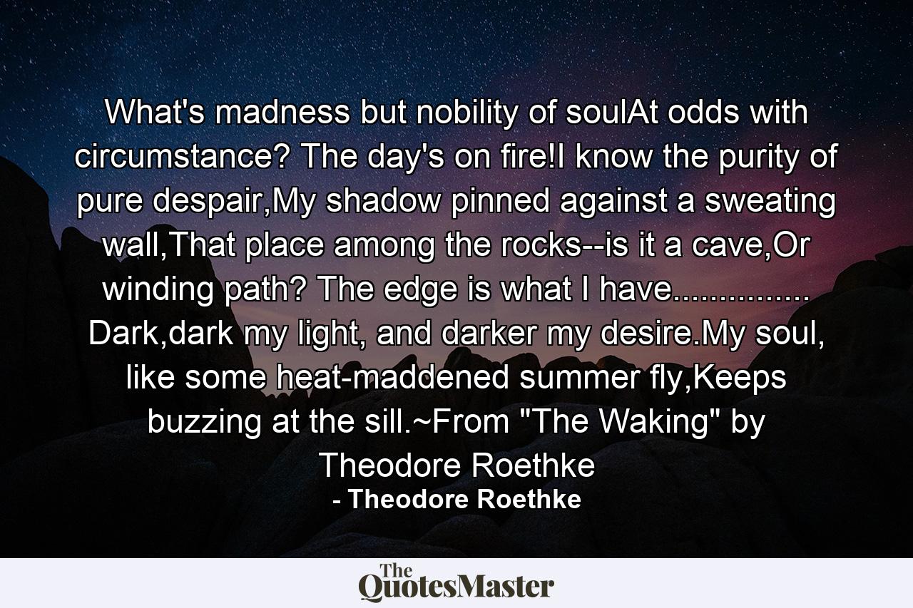 What's madness but nobility of soulAt odds with circumstance? The day's on fire!I know the purity of pure despair,My shadow pinned against a sweating wall,That place among the rocks--is it a cave,Or winding path? The edge is what I have............... Dark,dark my light, and darker my desire.My soul, like some heat-maddened summer fly,Keeps buzzing at the sill.~From 