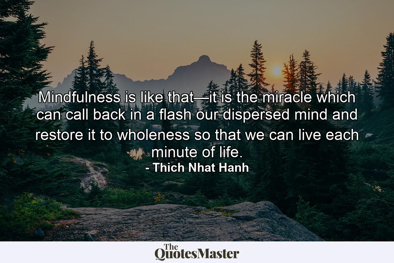 Mindfulness is like that—it is the miracle which can call back in a flash our dispersed mind and restore it to wholeness so that we can live each minute of life. - Quote by Thich Nhat Hanh