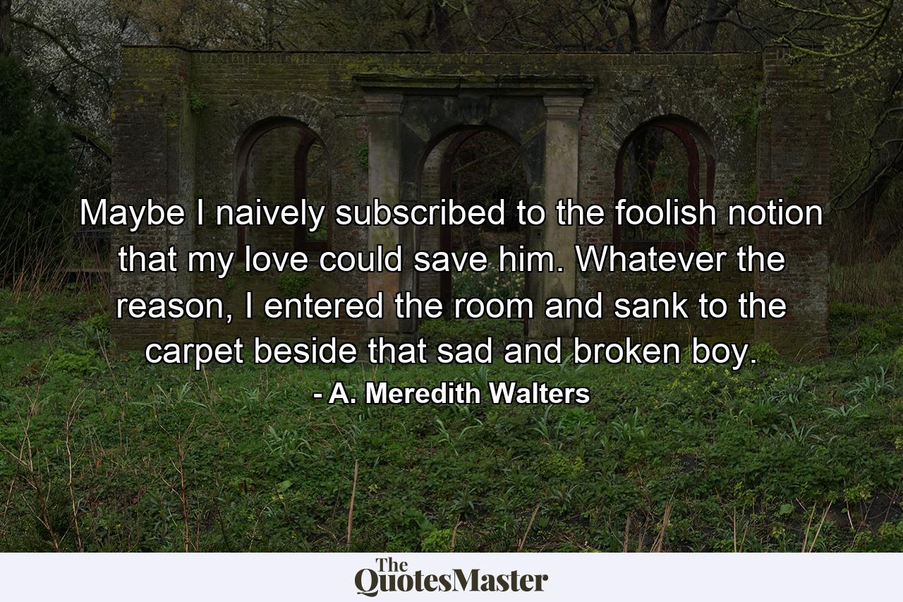 Maybe I naively subscribed to the foolish notion that my love could save him. Whatever the reason, I entered the room and sank to the carpet beside that sad and broken boy. - Quote by A. Meredith Walters