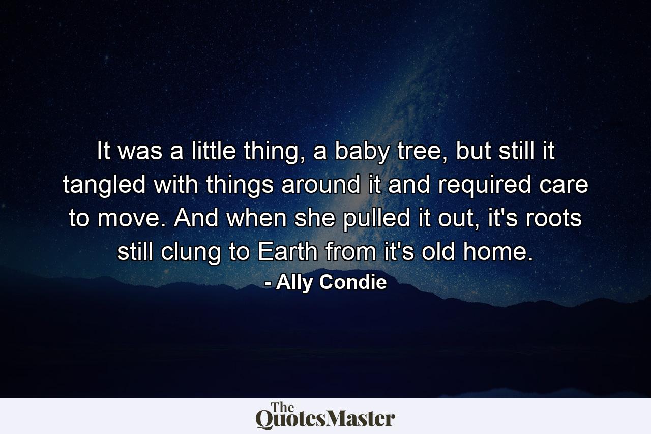 It was a little thing, a baby tree, but still it tangled with things around it and required care to move. And when she pulled it out, it's roots still clung to Earth from it's old home. - Quote by Ally Condie