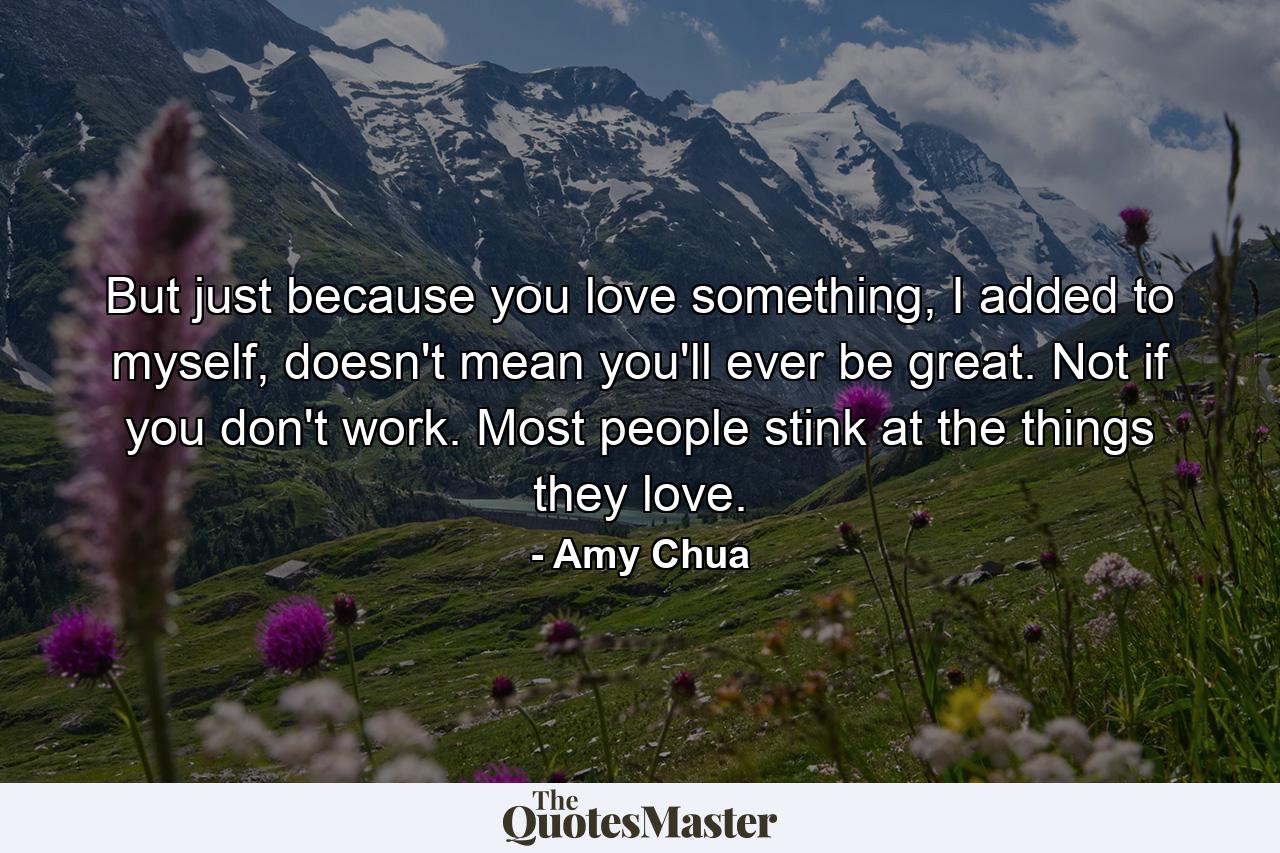 But just because you love something, I added to myself, doesn't mean you'll ever be great. Not if you don't work. Most people stink at the things they love. - Quote by Amy Chua