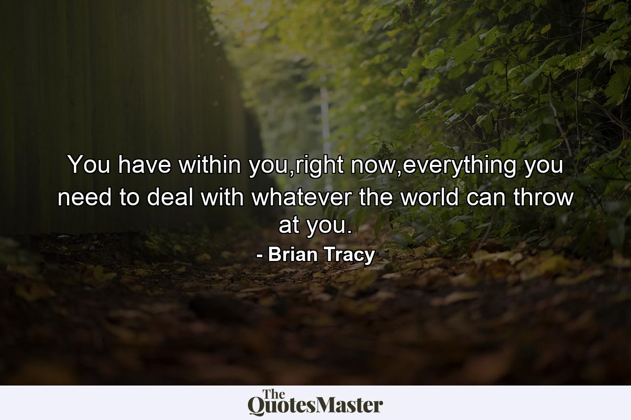 You have within you,right now,everything you need to deal with whatever the world can throw at you. - Quote by Brian Tracy