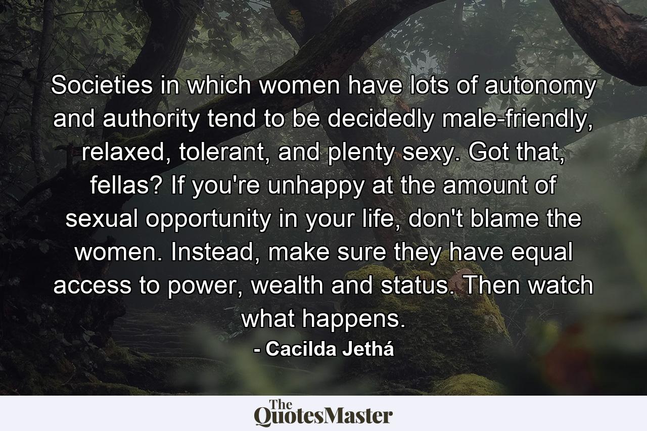 Societies in which women have lots of autonomy and authority tend to be decidedly male-friendly, relaxed, tolerant, and plenty sexy. Got that, fellas? If you're unhappy at the amount of sexual opportunity in your life, don't blame the women. Instead, make sure they have equal access to power, wealth and status. Then watch what happens. - Quote by Cacilda Jethá