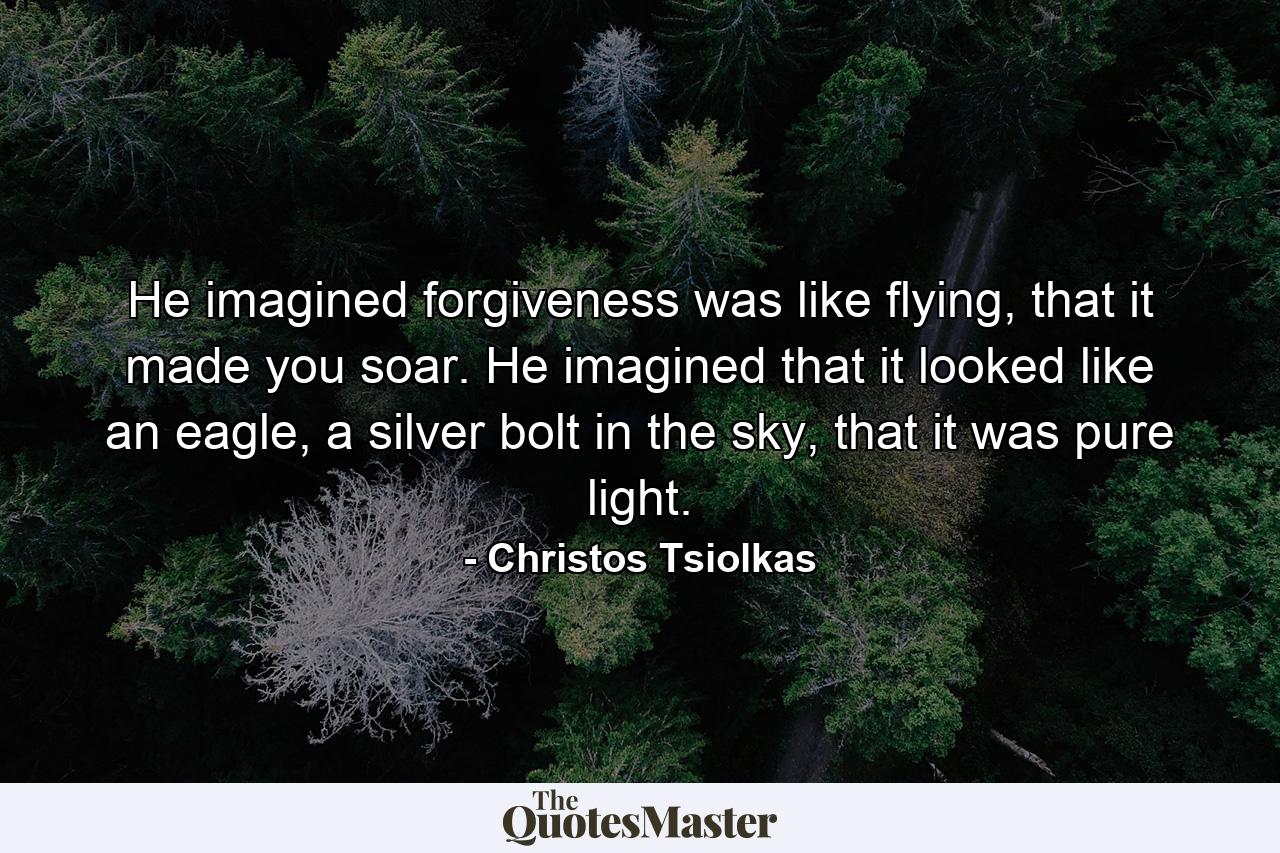 He imagined forgiveness was like flying, that it made you soar. He imagined that it looked like an eagle, a silver bolt in the sky, that it was pure light. - Quote by Christos Tsiolkas