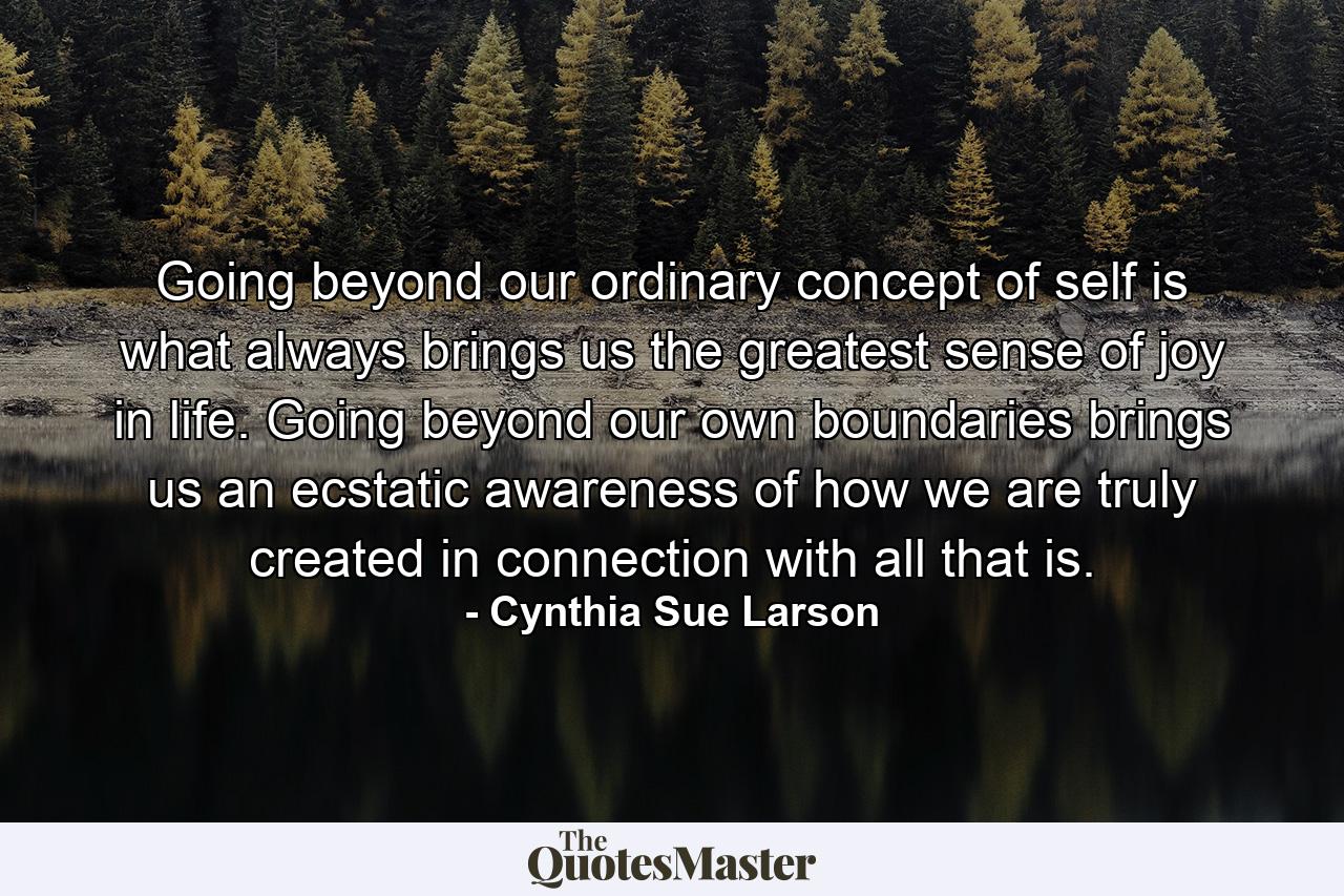 Going beyond our ordinary concept of self is what always brings us the greatest sense of joy in life. Going beyond our own boundaries brings us an ecstatic awareness of how we are truly created in connection with all that is. - Quote by Cynthia Sue Larson