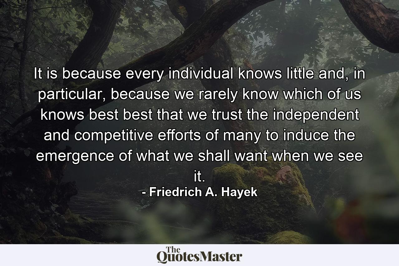 It is because every individual knows little and, in particular, because we rarely know which of us knows best best that we trust the independent and competitive efforts of many to induce the emergence of what we shall want when we see it. - Quote by Friedrich A. Hayek