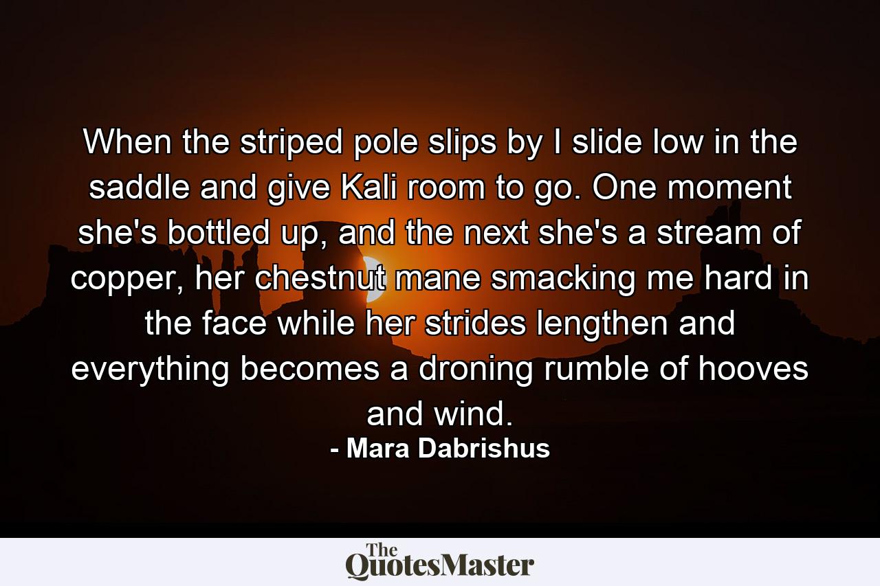 When the striped pole slips by I slide low in the saddle and give Kali room to go. One moment she's bottled up, and the next she's a stream of copper, her chestnut mane smacking me hard in the face while her strides lengthen and everything becomes a droning rumble of hooves and wind. - Quote by Mara Dabrishus