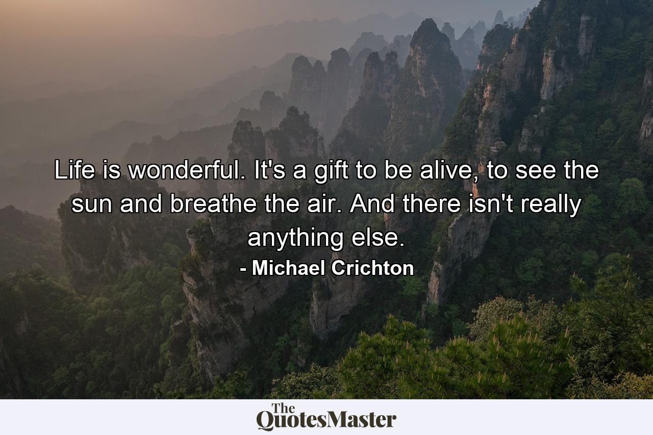 Life is wonderful. It's a gift to be alive, to see the sun and breathe the air. And there isn't really anything else. - Quote by Michael Crichton