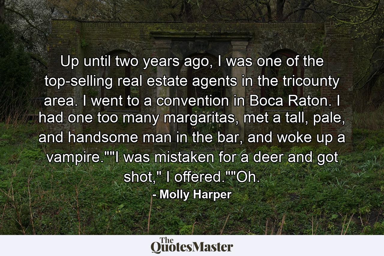 Up until two years ago, I was one of the top-selling real estate agents in the tricounty area. I went to a convention in Boca Raton. I had one too many margaritas, met a tall, pale, and handsome man in the bar, and woke up a vampire.