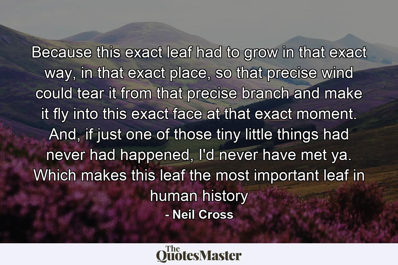 Because this exact leaf had to grow in that exact way, in that exact place, so that precise wind could tear it from that precise branch and make it fly into this exact face at that exact moment. And, if just one of those tiny little things had never had happened, I'd never have met ya. Which makes this leaf the most important leaf in human history - Quote by Neil Cross