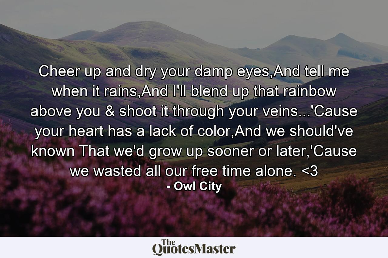 Cheer up and dry your damp eyes,And tell me when it rains,And I'll blend up that rainbow above you & shoot it through your veins...'Cause your heart has a lack of color,And we should've known That we'd grow up sooner or later,'Cause we wasted all our free time alone. <3 - Quote by Owl City