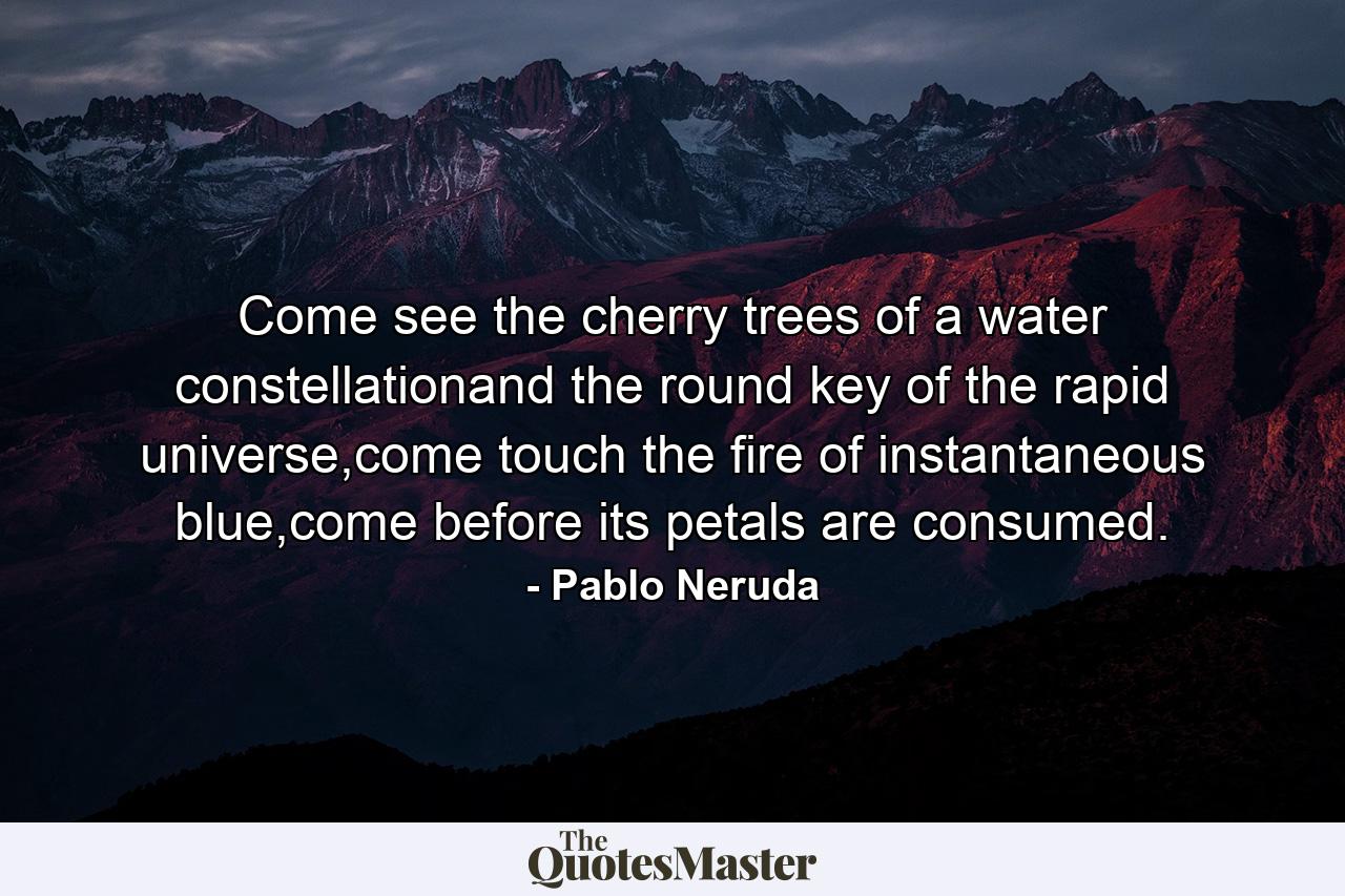 Come see the cherry trees of a water constellationand the round key of the rapid universe,come touch the fire of instantaneous blue,come before its petals are consumed. - Quote by Pablo Neruda