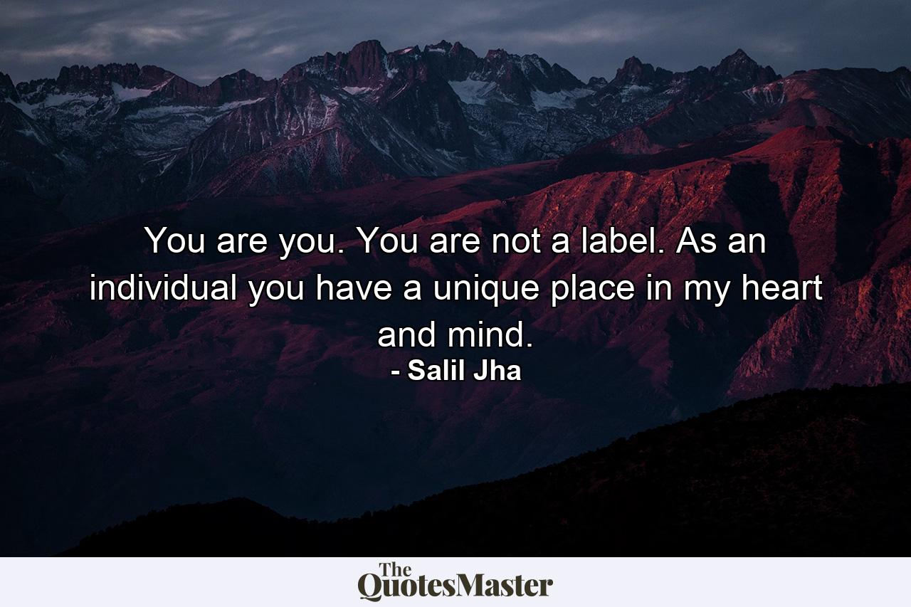 You are you. You are not a label. As an individual you have a unique place in my heart and mind. - Quote by Salil Jha