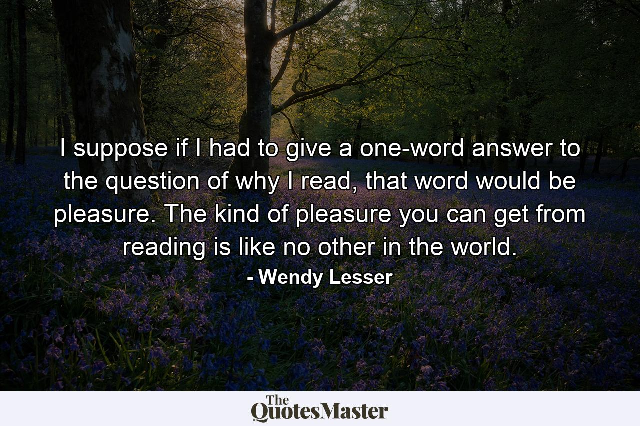 I suppose if I had to give a one-word answer to the question of why I read, that word would be pleasure. The kind of pleasure you can get from reading is like no other in the world. - Quote by Wendy Lesser