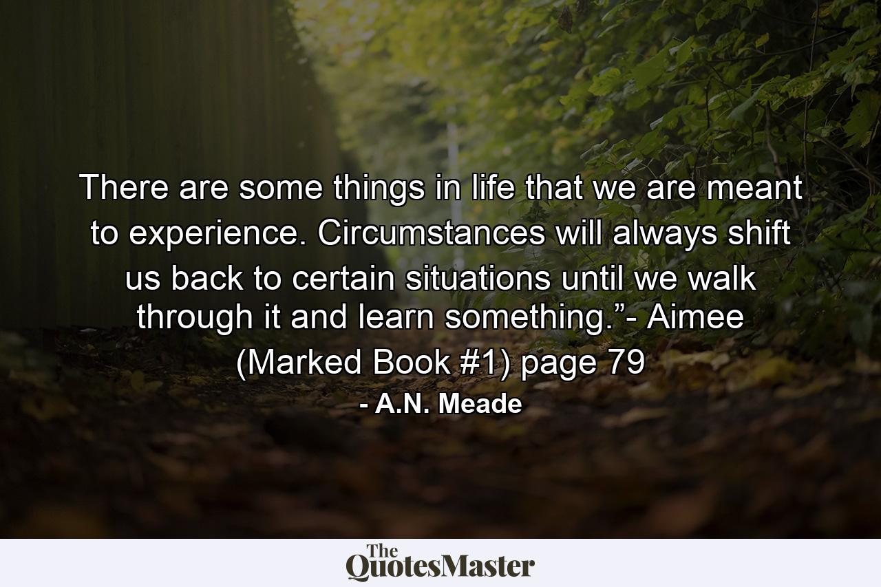 There are some things in life that we are meant to experience. Circumstances will always shift us back to certain situations until we walk through it and learn something.”- Aimee (Marked Book #1) page 79 - Quote by A.N. Meade