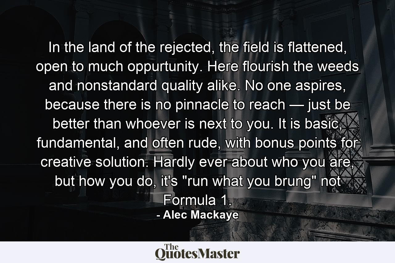 In the land of the rejected, the field is flattened, open to much oppurtunity. Here flourish the weeds and nonstandard quality alike. No one aspires, because there is no pinnacle to reach — just be better than whoever is next to you. It is basic, fundamental, and often rude, with bonus points for creative solution. Hardly ever about who you are, but how you do, it's 