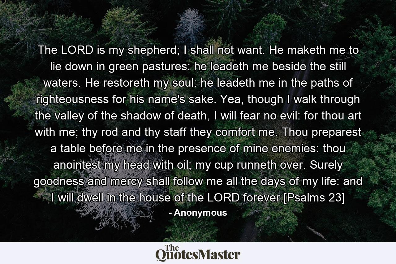 The LORD is my shepherd; I shall not want. He maketh me to lie down in green pastures: he leadeth me beside the still waters. He restoreth my soul: he leadeth me in the paths of righteousness for his name's sake. Yea, though I walk through the valley of the shadow of death, I will fear no evil: for thou art with me; thy rod and thy staff they comfort me. Thou preparest a table before me in the presence of mine enemies: thou anointest my head with oil; my cup runneth over. Surely goodness and mercy shall follow me all the days of my life: and I will dwell in the house of the LORD forever.[Psalms 23] - Quote by Anonymous