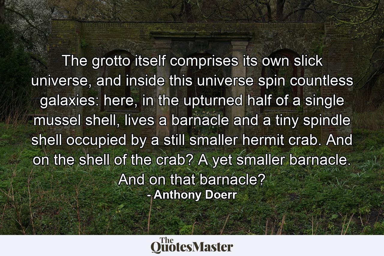 The grotto itself comprises its own slick universe, and inside this universe spin countless galaxies: here, in the upturned half of a single mussel shell, lives a barnacle and a tiny spindle shell occupied by a still smaller hermit crab. And on the shell of the crab? A yet smaller barnacle. And on that barnacle? - Quote by Anthony Doerr