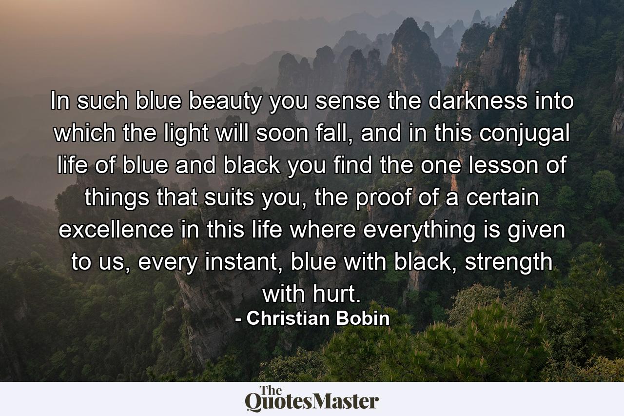 In such blue beauty you sense the darkness into which the light will soon fall, and in this conjugal life of blue and black you find the one lesson of things that suits you, the proof of a certain excellence in this life where everything is given to us, every instant, blue with black, strength with hurt. - Quote by Christian Bobin